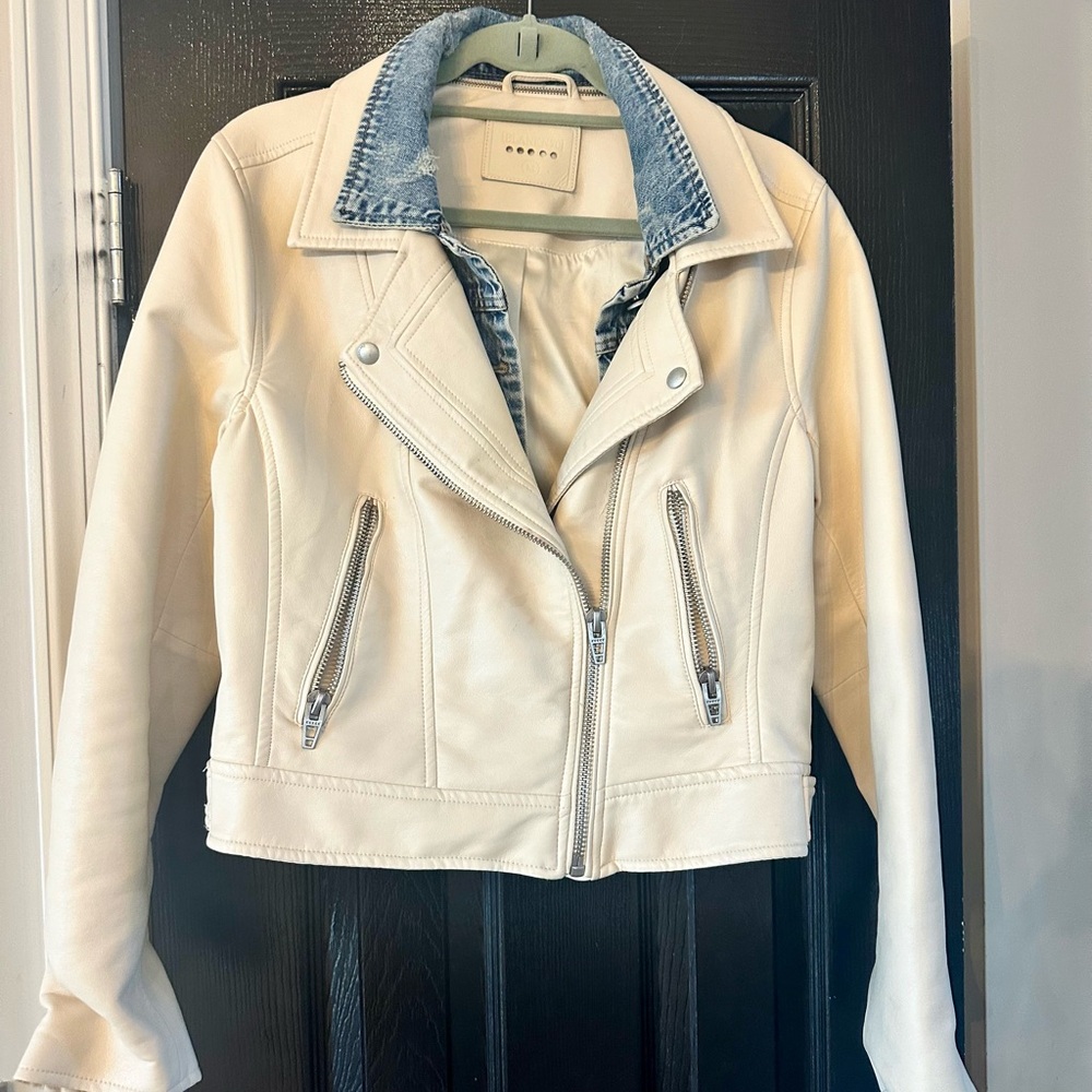 Blank NYC Ivory Faux Leather Jacket with Removable Denim Collar Medium